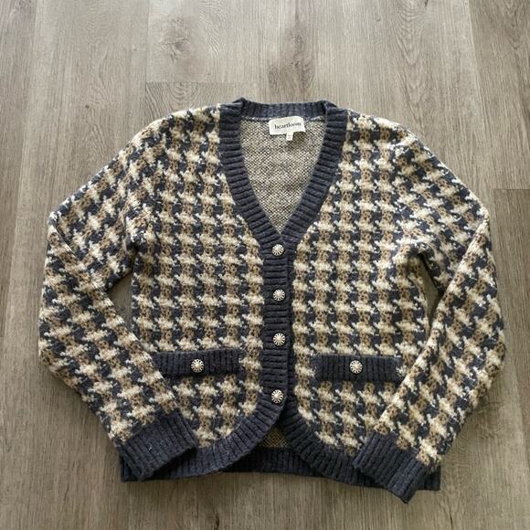 Heartloom Sweaters - heartloom marlie blue houndstooth v-neck pearl jeweled button cardigan sweater